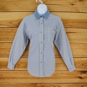 Button‎ Up Shirt Collared Womens Size S Blue White Striped Long Sleeve Pennylane